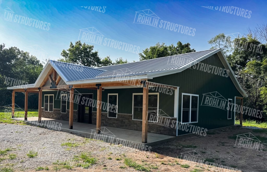 Custom barndominium with front and back porches and timber frame details by Rohlin Structures in Missouri.