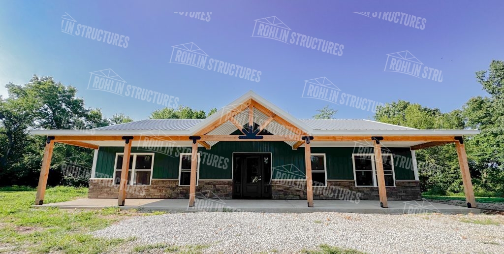 Custom barndominium with timber frame details and front porch, built by Rohlin Structures in Missouri.