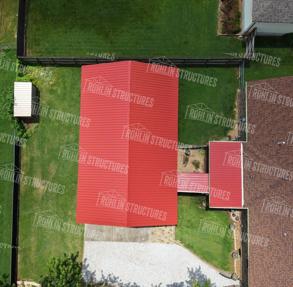 Aerial view of red Rohlin Structures custom garage construction in Missouri.