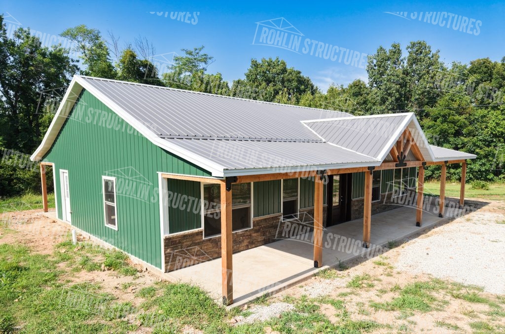 Custom barndominium with front and back porches and timber accents, built by Rohlin Structures in Missouri.