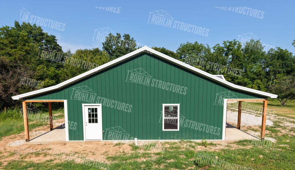 Green pole barn and shop construction by Rohlin Structures in Missouri.
