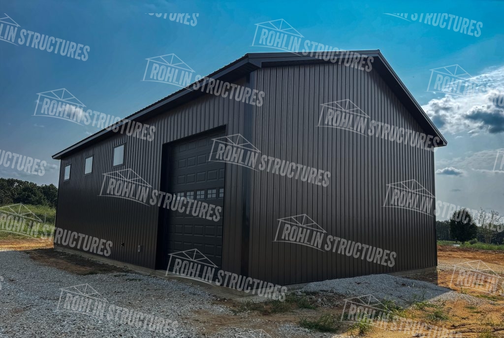 Rohlin Structures custom pole barn with garage doors, built for durability and lasting generations in Missouri.