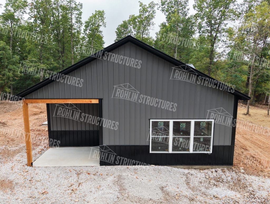 Modern gray pole barn structure showcasing Rohlin Structures quality construction for garages or shops.